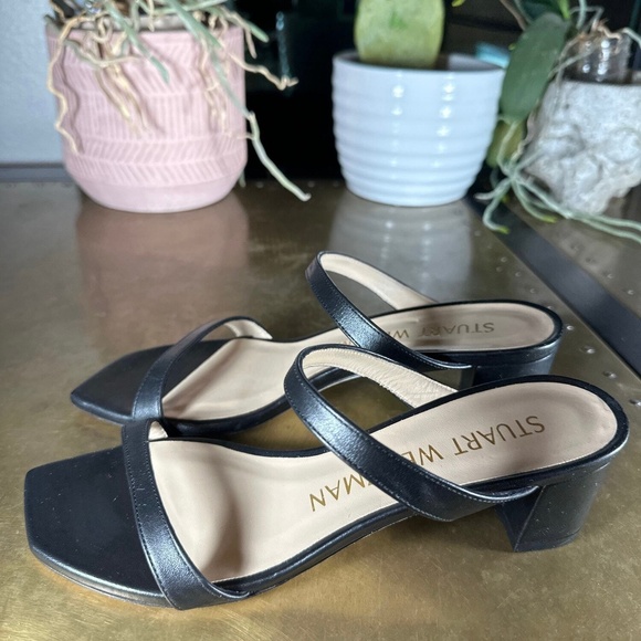 Stuart Weitzman Block Heel Sandal 7.5 Aleena Slide Two Strap Leather Chic Black - Picture 3 of 9
